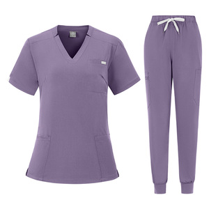 Women Hospital Scrubs Set Moisture Wicking Knitted Pants V Neck <b>Top</b> Medical Uniforms - Product Image 1