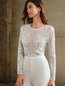 Nuova Collezione: Blusa Elegante da <span class=keywords><strong>Donna</strong></span> con Maniche Lunghe Trasparenti, Decorata con Perline e Paillettes Floreali su <span class=keywords><strong>Rete</strong></span> Trasparente - Product Image 4