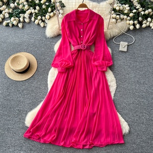 Vestido Casual de Primavera para Mujer, Cuello Camisero, Manga Larga, Color Sólido, Cintura Alta, Corte en A, Vestido Midi Elegante - Product Image 5