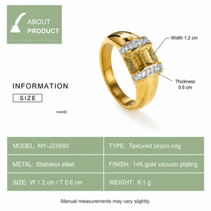 Textured Geometric <b>Ring</b> <b>Stainless</b> <b>Steel</b> 14K Gold Vacuum Plated Band with Rectangular Panel and Clear Zircon Borders - Product Image 2