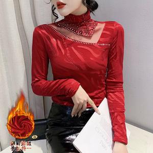 Camiseta de manga larga con cuello en V de malla, estilo nuevo de invierno, con diseño hueco y terciopelo de zorro plateado, con pedrería, <span class=keywords><strong>para</strong></span> <span class=keywords><strong>mujer</strong></span> - Product Image 2