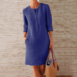 Abito da Donna in <span class=keywords><strong>Cotone</strong></span> <span class=keywords><strong>e</strong></span> <span class=keywords><strong>Lino</strong></span>, Taglia S-5XL, Collo Tondo, Bottoni, Tinta Unita, Stile Casual Semplice - Product Image 5