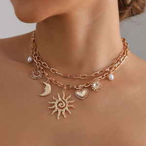 Trendy Link zinciri kolye güneş ay kalp Charm Chocker altın renk katmanlı kolye seti - Product Image 1