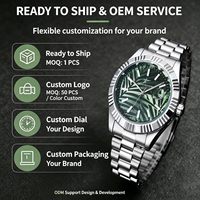 Montre de luxe RICECGO pour homme avec cadran motif palmier, texture feuille tropicale vert olive, lunette cannelée, montre-bracelet à quartz, Reloj Para Hombre