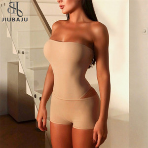 Women Sleeveless <strong>Strapless</strong> <strong>Bodysuit</strong> Top + Skinny Low Waisted Short Pants Two Piece Set - Product Image 1