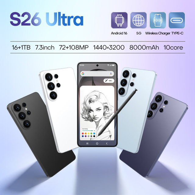 8000mAh Big Battery S26 Ultra 5G Gaming Smartphone Snapdragon 8 Elite 2 16GB 1TB 7.3" HD Display Unlocked Mobile Phone