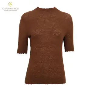 OEM Elegant Chic Fine Knit 14G Rib Merino Wool Sweater Knit Top Short Sleeve Basic Sweater Pullover