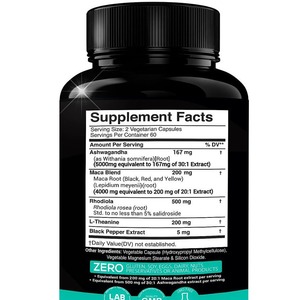 Cápsulas OEM 120 de <span class=keywords><strong>Ashwagandha</strong></span> 5000mg + <span class=keywords><strong>Maca</strong></span> 4000mg, Cápsulas de Rhodiola y L-Teanina 4 en 1 para Energía, Alivio del Estrés y Apoyo Inmunológico - Product Image 2