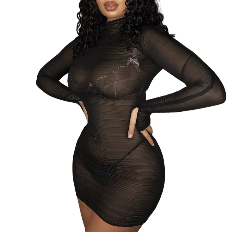 2022 summer women dress fashion mesh long sleeve sheer see through dress sexy mini women dresses