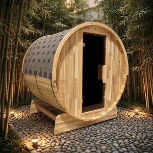 Outdoor Solid Wood Barrel Sauna Electric Heating Rustic Design Plug Powered 220-240V for Garden Use - Product Image 1