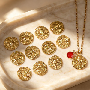 Vintage Rétro Horoscope Rond Coin Collier 18k PVD Plaqué Or En Acier Inoxydable Lien Chaîne 12 Signe Du Zodiaque Hommes Femmes Bijoux - Product Image 3