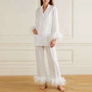 Luxury high quality fashion design custom detachable ostrich feathers white bride pajama set christmas pajamas for women set