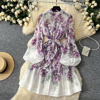 Robe Courte Élégante Femme à Imprimé Floral, Col Montant, Manches Longues Lanterne, Taille Nouée, Idéale pour les Fêtes et le Quotidien