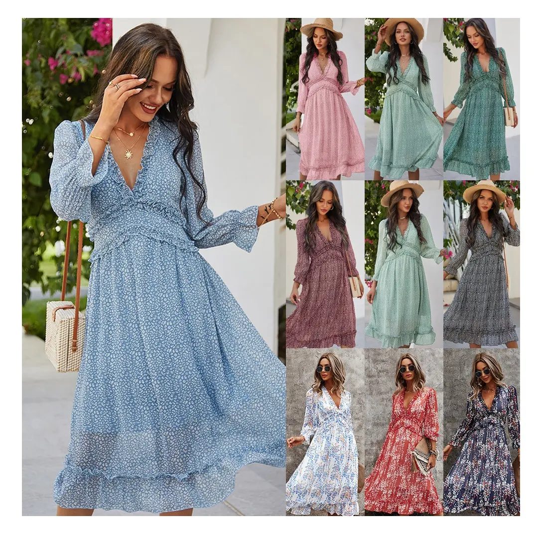 PRETTY STEPS 2022 New Summer Women'S Clothes Big V Neck Elegant Print Summer Casual Bohemian Dress Wholesale