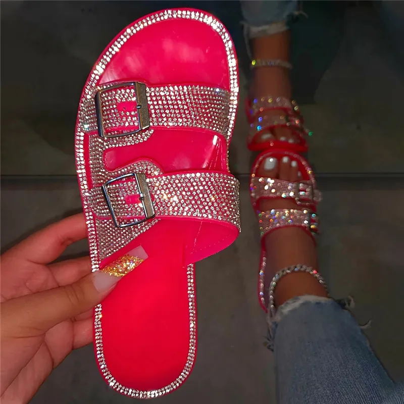 High Quality New Fashion Luxury Sexy Bling Shoes Slip On Handmade Rhinestones Flat Casual Women Slides Sandals Ladies Slippers