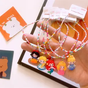 New Korean Children's Cute Resin Fluorescent Colorful Girl Fairy Tale Princess Pendant Necklace Summer Rice Bead Necklace