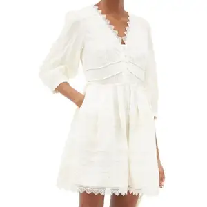 Vestido corto informal de encaje blanco para mujer, vestido de primavera con escote en V y cintura ajustable