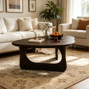 Mesa de Centro de Madera Sólida Oscura, Diseño Irregular, Base con Recorte Hueco, Estilo Minimalista para Sala de Estar - Product Image 4