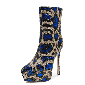 รองเท้าบูทสั้นแบบสวมข้อเท้าทรงกว้าง ไซส์ใหญ่ 45 สำหรับผู้หญิง ประดับกลิตเตอร์ ส้นสูง ปลายแหลม พื้นหนา ลายม้าลายและเสือดาว - Product Image 4