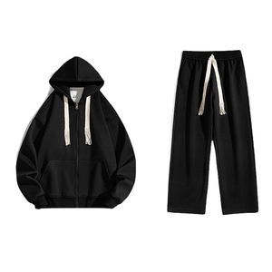 Conjunto de dos piezas de sudadera con capucha y cremallera de color sólido informal para hombre y pantalones deportivos, 100% algodón tejido, ropa de invierno para hombre - Product Image 1