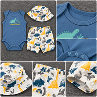 Setelan Pakaian Bayi Musim Panas 3 Potong Grosir, Bahan Katun Murni Bernapas, Romper Tanpa Lengan, Celana Pendek, dan Topi Bucket Senada