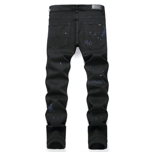 Street Fashion Style Tendance Noir Serré Élastique Denim Pantalon pour Jeunes Hommes <span class=keywords><strong>avec</strong></span> Broderie Perforée <span class=keywords><strong>Croix</strong></span> Badge Pieds Slim Jeans - Product Image 2