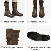 Bottes mi-mollet pour femme à bout large, style motard, avec boucles, talon carré bas et élégant