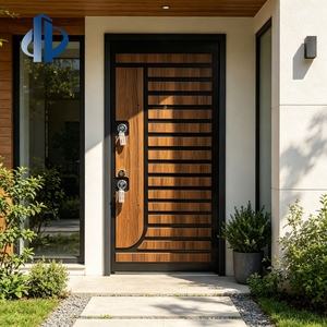 Porta d'Ingresso Moderna Curva in Acciaio e Legno Composito, Pannello Orizzontale con Venatura del Legno, Cancello di Sicurezza Antifurto in Acciaio, Maniglie per Porta - Product Image 1