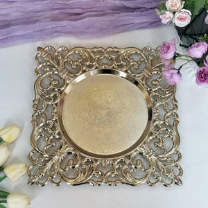 Cổ Điển Châu Âu 13-Inch Vuông Vàng Tấm Sạc Đánh Bóng Nhựa Cho Đám Cưới Trang Trí Nội Thất Trái Cây Đồ Ăn Nhẹ Trang Trí Mục Đích - Product Image 2