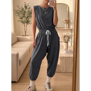 Combinaison décontractée sans manches pour femme, taille haute, avec cordon de serrage, coupe ample, pour yoga et entraînement, tenue une pièce en tissu extensible et respirant - Product Image 5
