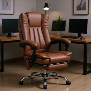 Brown Synthetic Leather Executive Reclining Chair <b>Adjustable</b> Height <b>Footrest</b> Office Swivel Chair Stainless Steel Base - Product Image 2