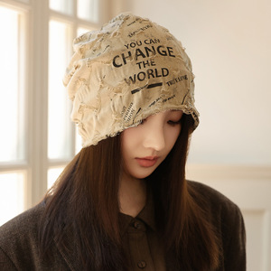 Corée femmes automne hiver grande circonférence de la tête montrant le visage petite pile casquette déchiré chapeau extérieur lettre pull froid bonnet - Product Image 1