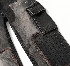 Jean cargo droit vintage noir délavé pour homme Wangsheng, taille mi-haute, avec bords bruts et empiècements en denim, style gothique - Product Image 5