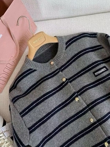 SUHE Women's Korean Gray Striped Wool/Nylon Single Breasted Knit <b>Cardigan</b> <b>Sweater</b> Front Chic Casual Outerwear Autumn Winter - Product Image 6