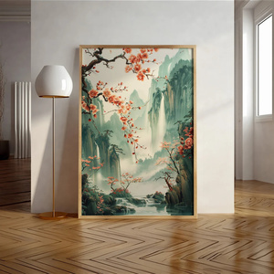 Hoa anh đào rơi nghệ thuật thác nước yên tĩnh cảnh quan lấy cảm hứng từ cảnh thiên nhiên hòa bình vải in tường cho trang trí phòng nhà - Product Image 3