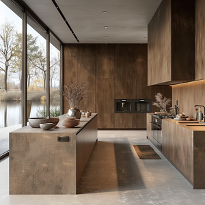 Mobili da Cucina Moderni in Legno Marrone, Set di Armadietti Modulari con Isola in Pietra e Piano di Lavoro in Pannelli Vetrificati - Product Image 5