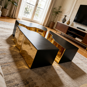 Ensemble de tables basses en métal poli de forme irrégulière unique, design minimaliste, plateau noir, tables centrales design, meubles pour la maison et la villa - Product Image 4