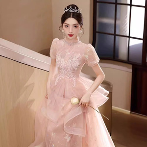 Pink Ball Gown Evening Dress Empire Waist High Neck 3D Stereoscopic Patterns Candy Color For Banquets And Coming Of Age Ceremony - Product Image 3