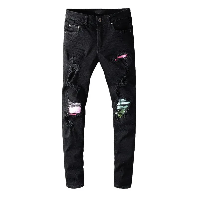 646# Italy Style Men's colored pleated patchwork black biker jeans Streetwear slim skinny ripped stretch denim pants