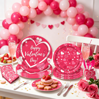 Vaisselle de fête sur le thème de la Saint-Valentin, décoration de fête rose rouge, assiettes en papier jetables, gobelets, serviettes