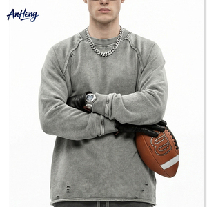 330G Heavyweight Washed Long Sleeve T-Shirt Men Raw Edge Distressed Crewneck Streetwear Sweatshirt Custom OEM Supplier Top - Product Image 1