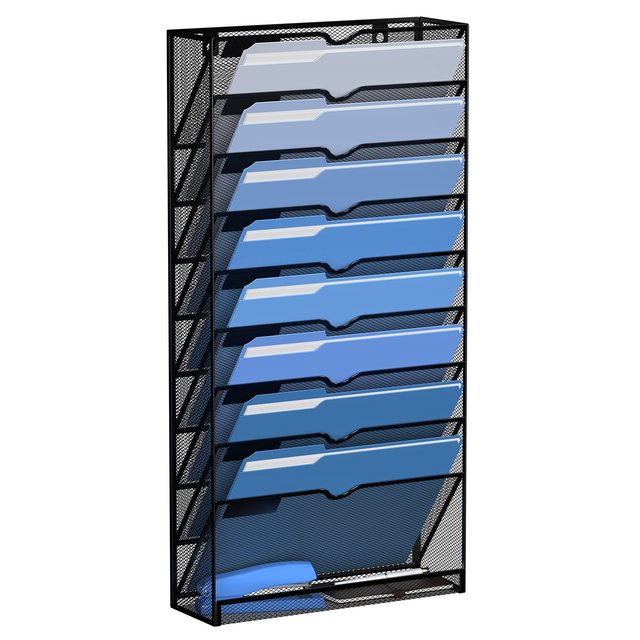 Home Office Mesh 10 Tier Vertical Hanging Wall File Holder with Bottom Flat Tray File Organizer for Papers, Folders, Magazines