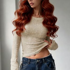 Nueva Camiseta de Moda para Mujer, Cuello Redondo, Manga Larga, de Lana, Color Sólido, para el Hogar, Éxito de Ventas Otoño/Invierno - Product Image 3