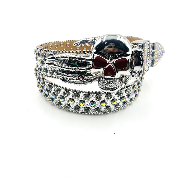 Fashion Colored PU Glitter Diamond Studded Western Leather Pearl Rhinestone Buckles Hand Bone Alloy Metal Belts PU Plastic Belts