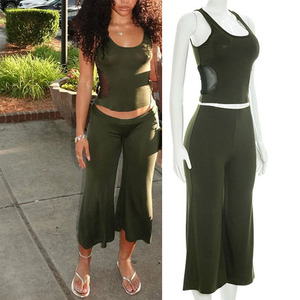 FS18726D Women Mesh <strong>Patchwork</strong> <strong>Tops</strong> and Wide Leg Pants Casual 2026 Two Pieces Sets - Product Image 1