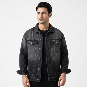 Veste en jean pour homme de haute qualité, coupe oversize, fermeture éclair, manches classiques, effet usé, col montant, coupe-vent, logo vintage sur le devant - Product Image 1
