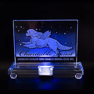 PuJiang Factory Wholesale Colorful LED Lights Crystal Trophy Awards Custom 3d Laser Engraving Blue Crystal Glass Trophies