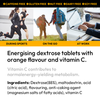 Comprimés Énergétiques Orange : Glucides à Action Rapide pour une Énergie Instantanée, Sans Caféine, Vitamine C, Végétalien, OEM, Immunité Renforcée