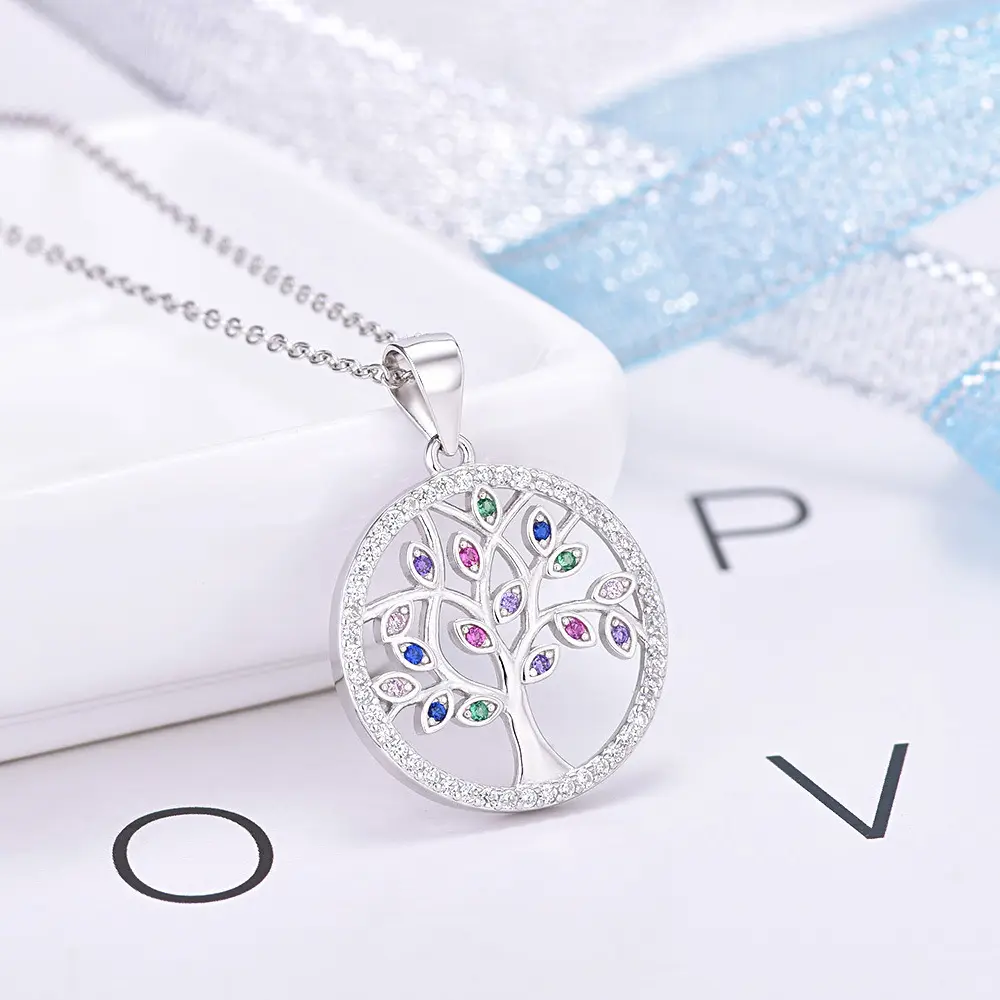 color crystals 925 sterling silver tree of life necklace round tree pendant sterling silver jewelry wholesale