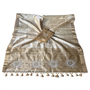Sari beige en coton brodé de fleurs, drapé avec bordure à pompons, idéal pour les mariages et les fêtes féminines - Product Image 1
